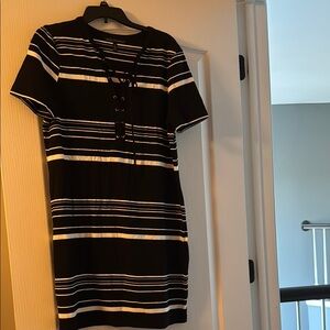 White House Black Market Black and White Lace-Up Stripe Mini Dress